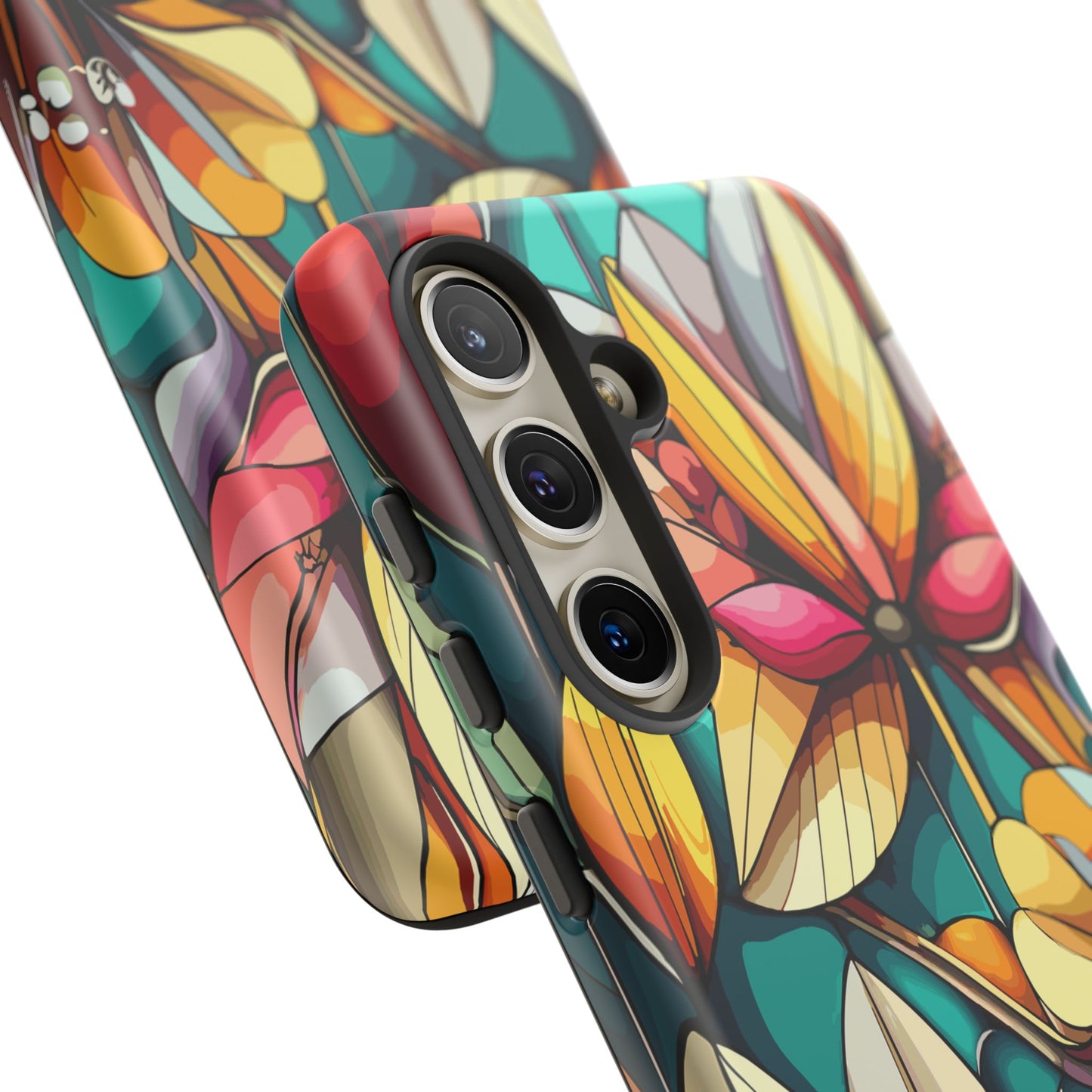 Phone Case, Stain Glass Flowers Design - Floral Tough Cover, Protective Smartphone Case, Cute Flower Pattern