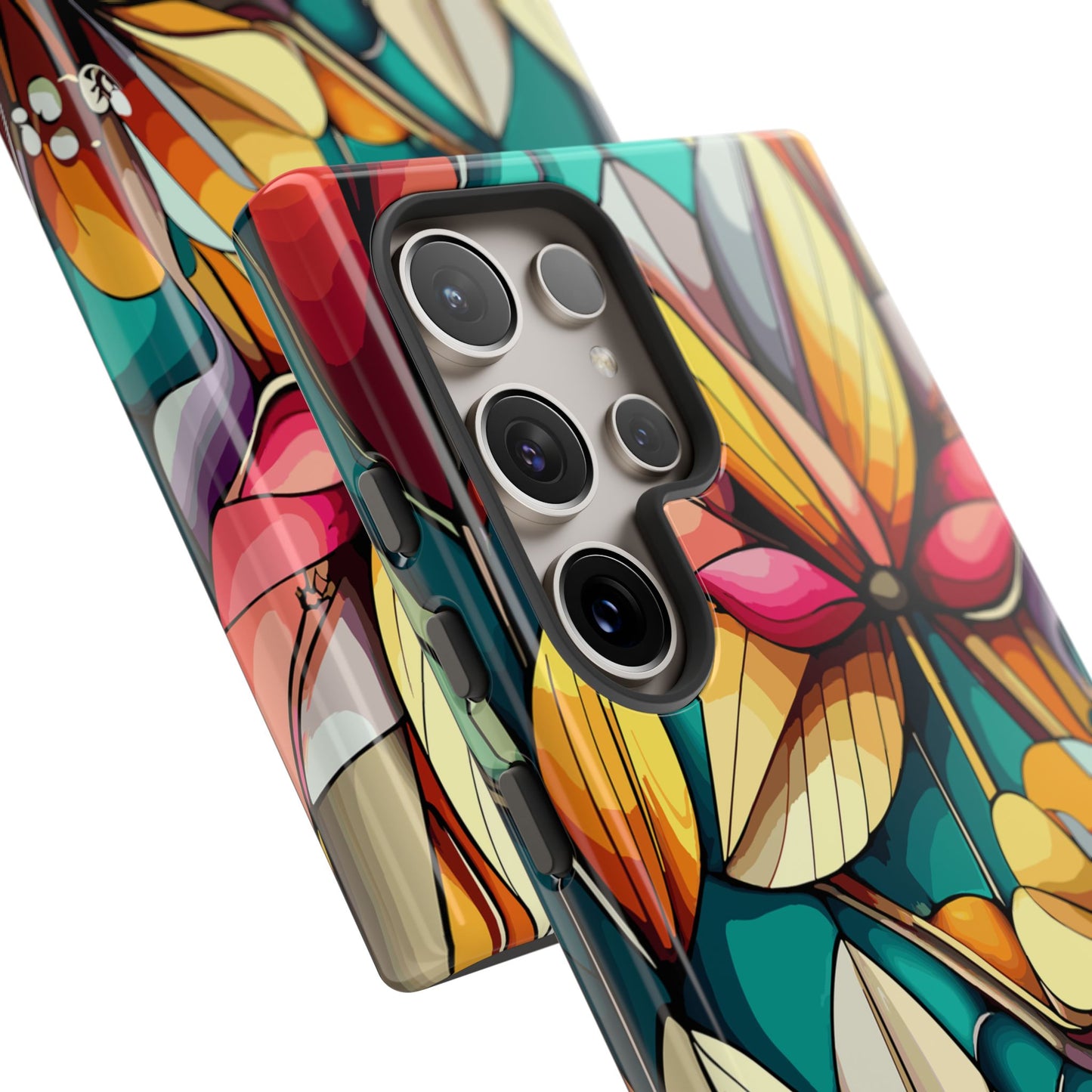 Phone Case, Stain Glass Flowers Design - Floral Tough Cover, Protective Smartphone Case, Cute Flower Pattern