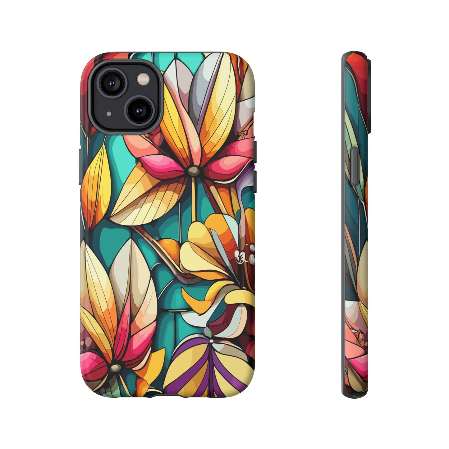 Phone Case, Stain Glass Flowers Design - Floral Tough Cover, Protective Smartphone Case, Cute Flower Pattern