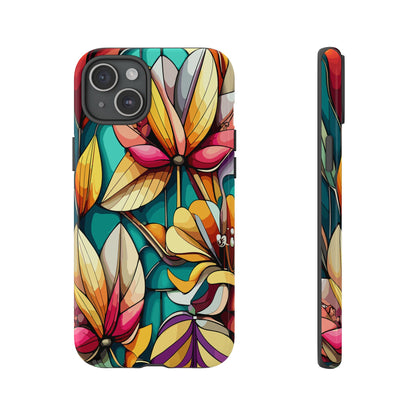 Phone Case, Stain Glass Flowers Design - Floral Tough Cover, Protective Smartphone Case, Cute Flower Pattern
