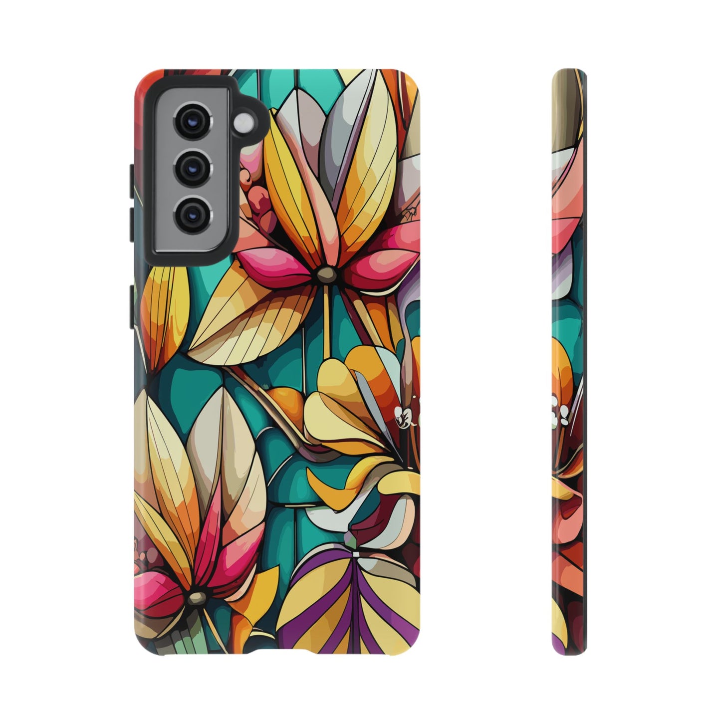 Phone Case, Stain Glass Flowers Design - Floral Tough Cover, Protective Smartphone Case, Cute Flower Pattern