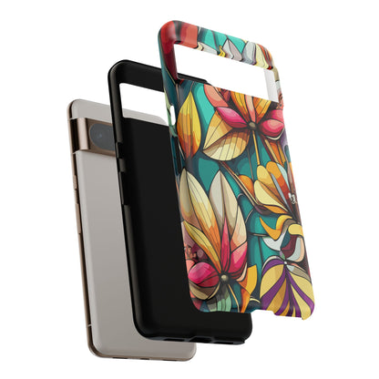 Phone Case, Stain Glass Flowers Design - Floral Tough Cover, Protective Smartphone Case, Cute Flower Pattern