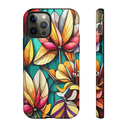 Phone Case, Stain Glass Flowers Design - Floral Tough Cover, Protective Smartphone Case, Cute Flower Pattern