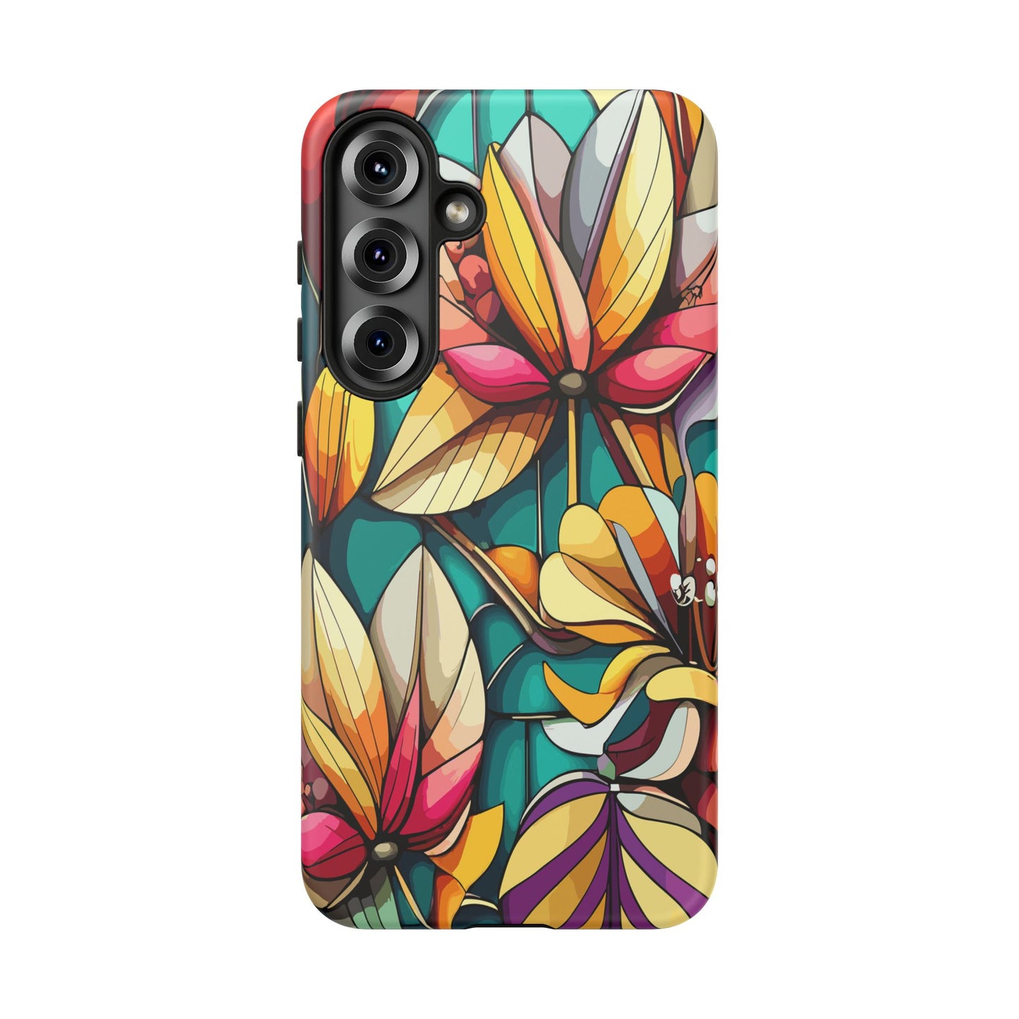 Phone Case, Stain Glass Flowers Design - Floral Tough Cover, Protective Smartphone Case, Cute Flower Pattern