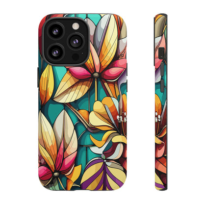Phone Case, Stain Glass Flowers Design - Floral Tough Cover, Protective Smartphone Case, Cute Flower Pattern