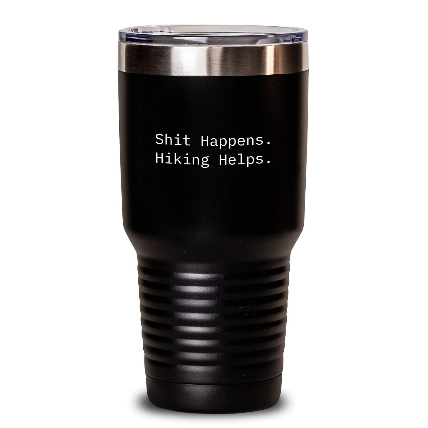 Funny Hiking Tumbler Gifts for Men, Christmas Unique Hiking Adventure Tumblers with 'Shit Happens. Hiking Helps.' Quote, 20oz or 30oz Capacity, Black Color - Main