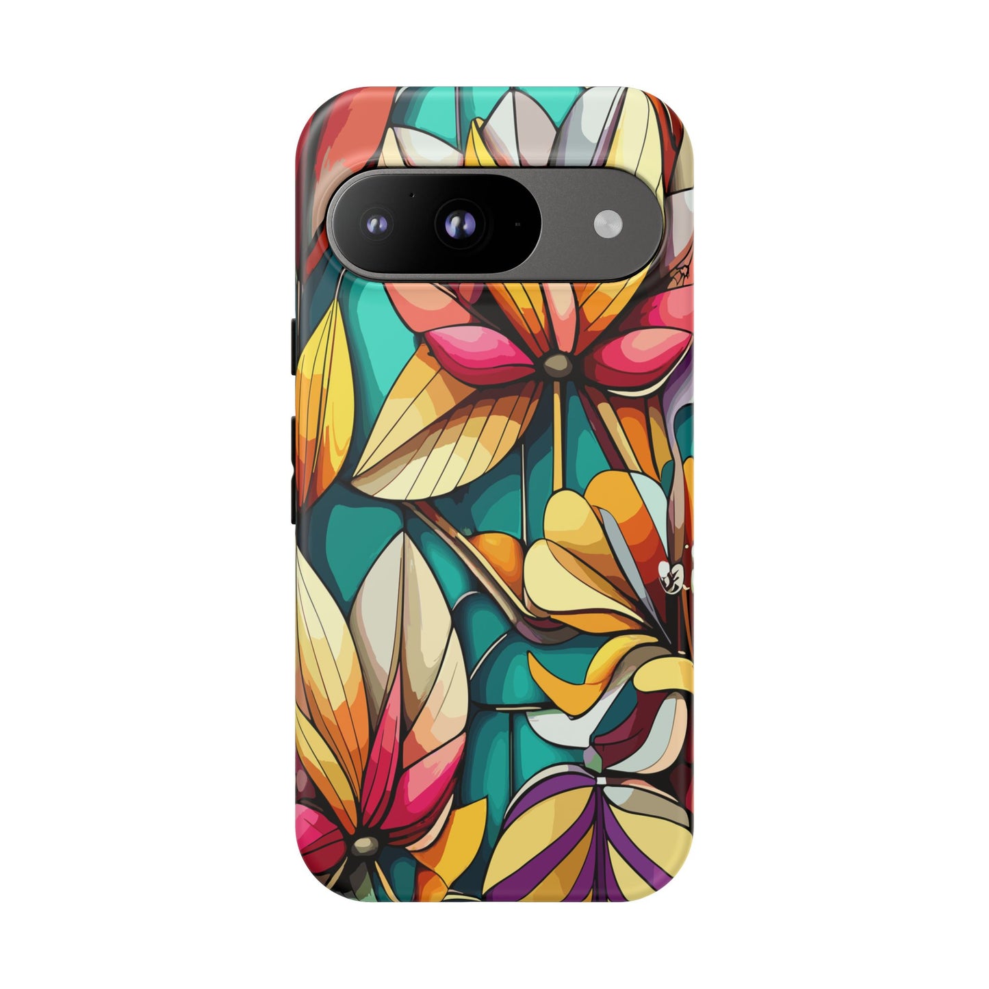 Phone Case, Stain Glass Flowers Design - Floral Tough Cover, Protective Smartphone Case, Cute Flower Pattern
