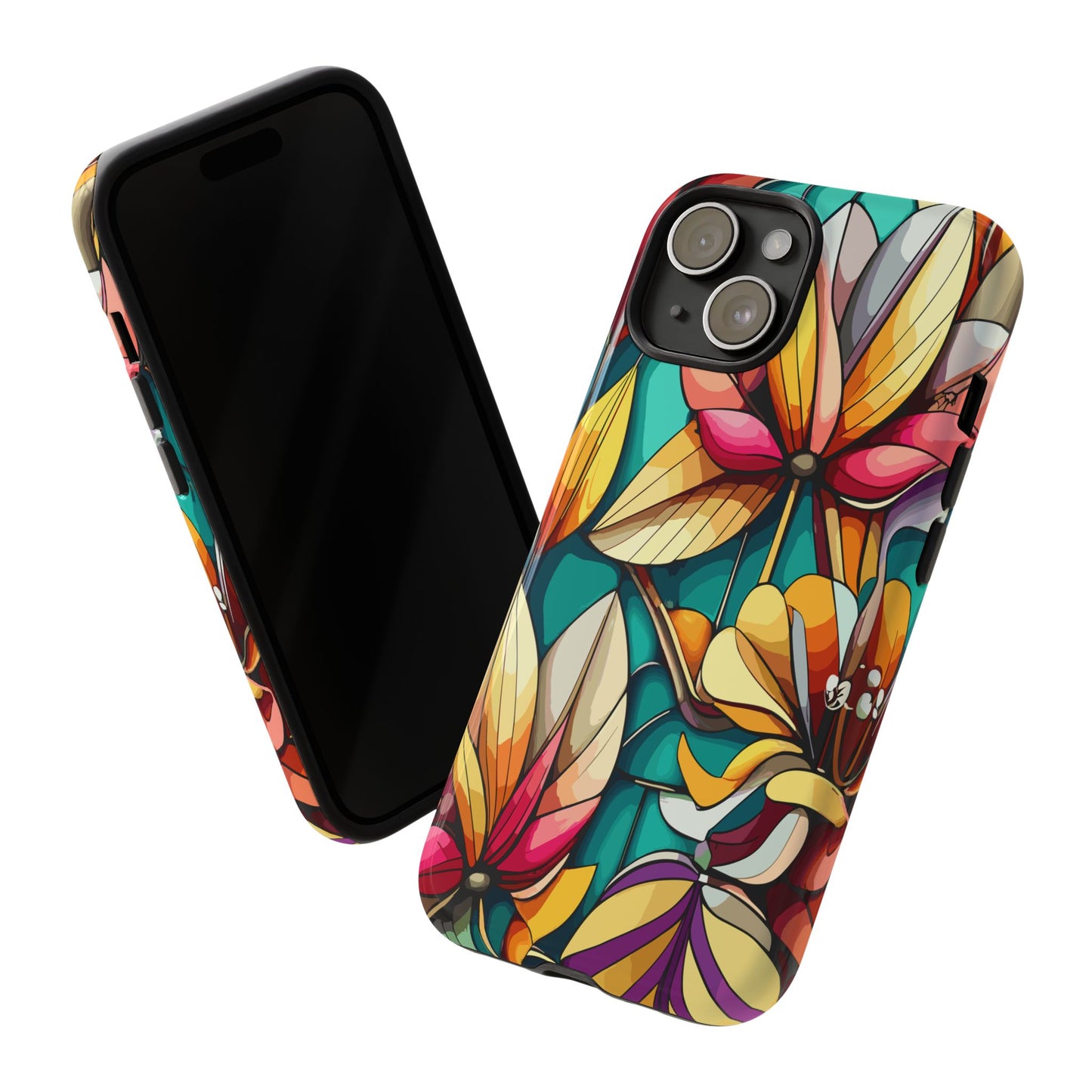 Phone Case, Stain Glass Flowers Design - Floral Tough Cover, Protective Smartphone Case, Cute Flower Pattern