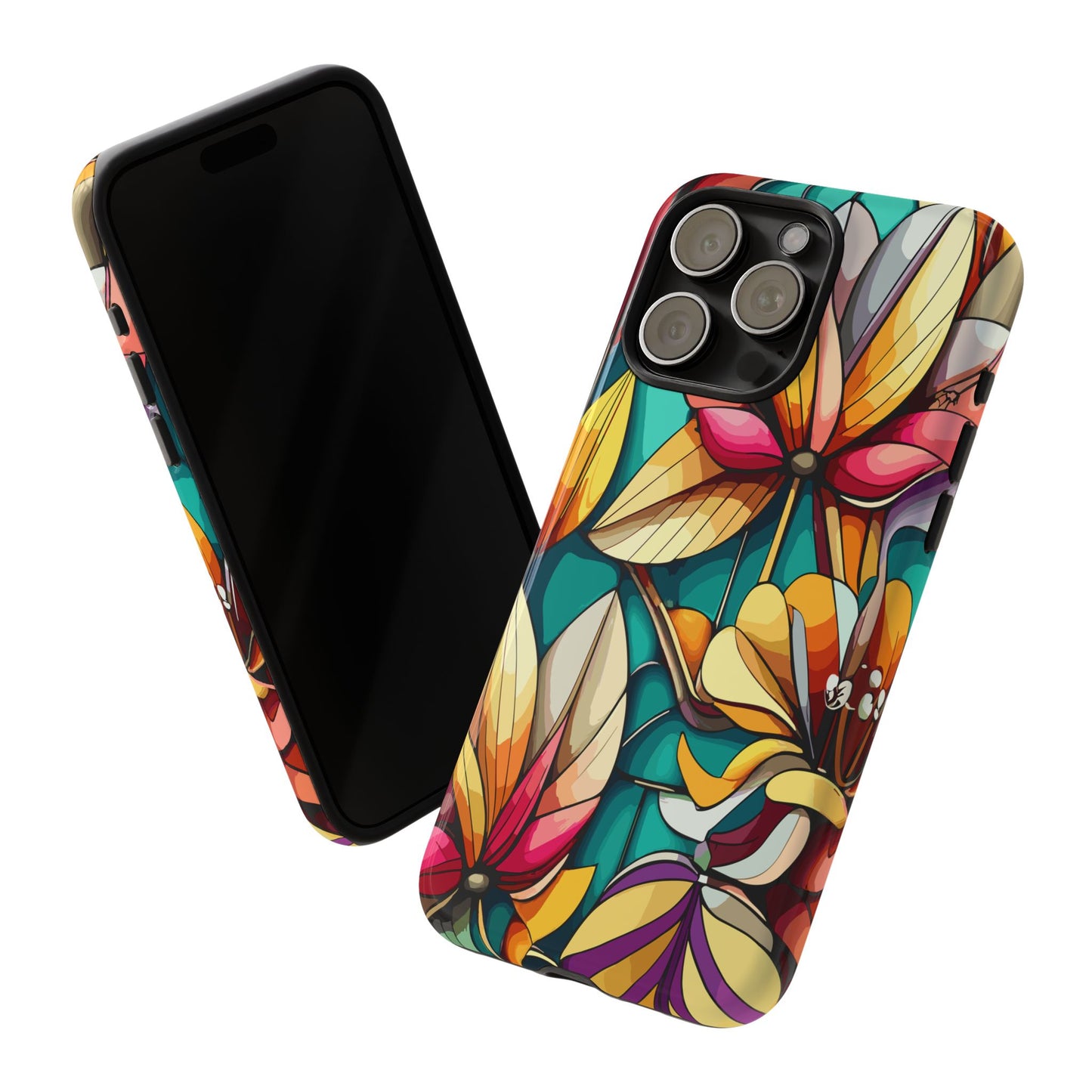 Phone Case, Stain Glass Flowers Design - Floral Tough Cover, Protective Smartphone Case, Cute Flower Pattern