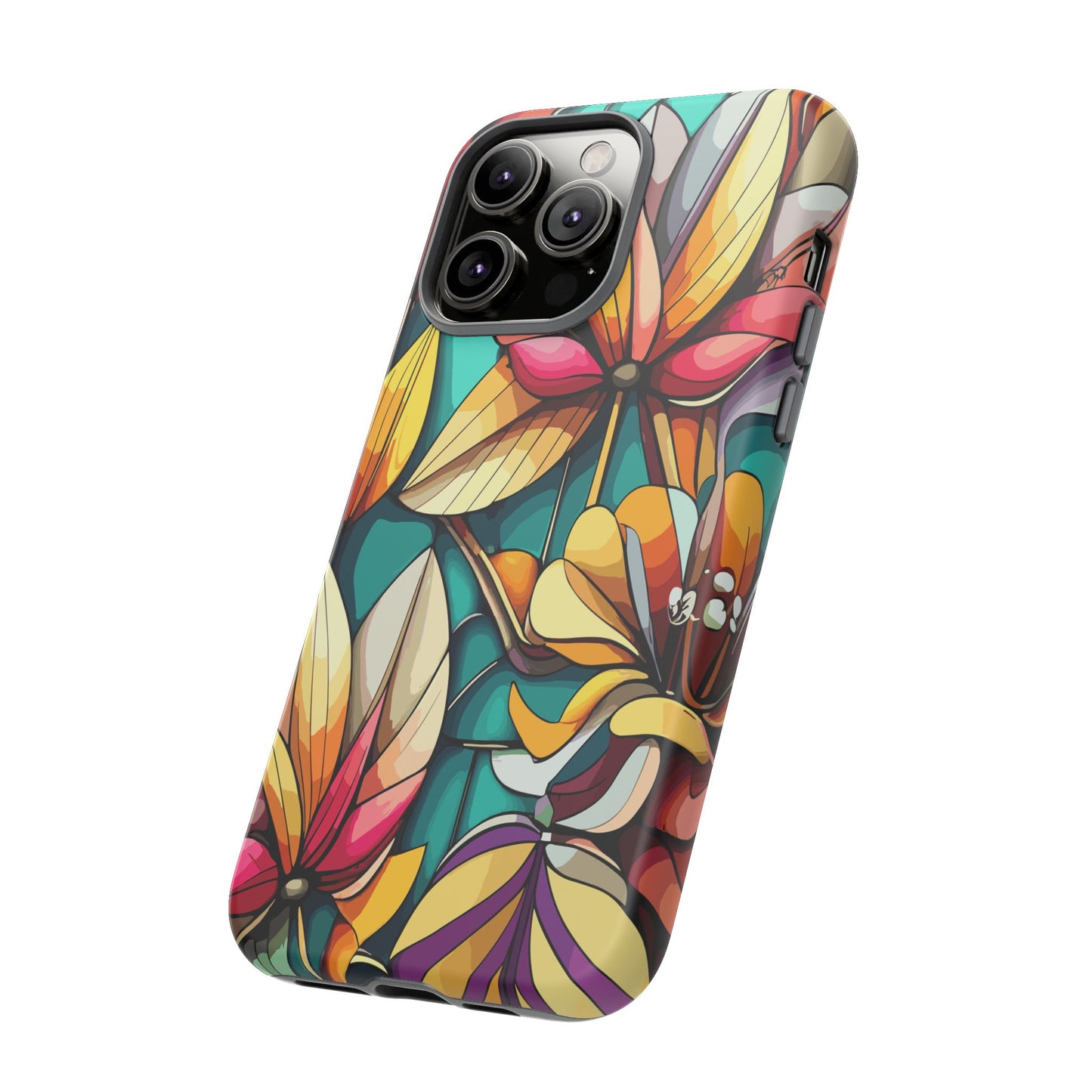 Phone Case, Stain Glass Flowers Design - Floral Tough Cover, Protective Smartphone Case, Cute Flower Pattern