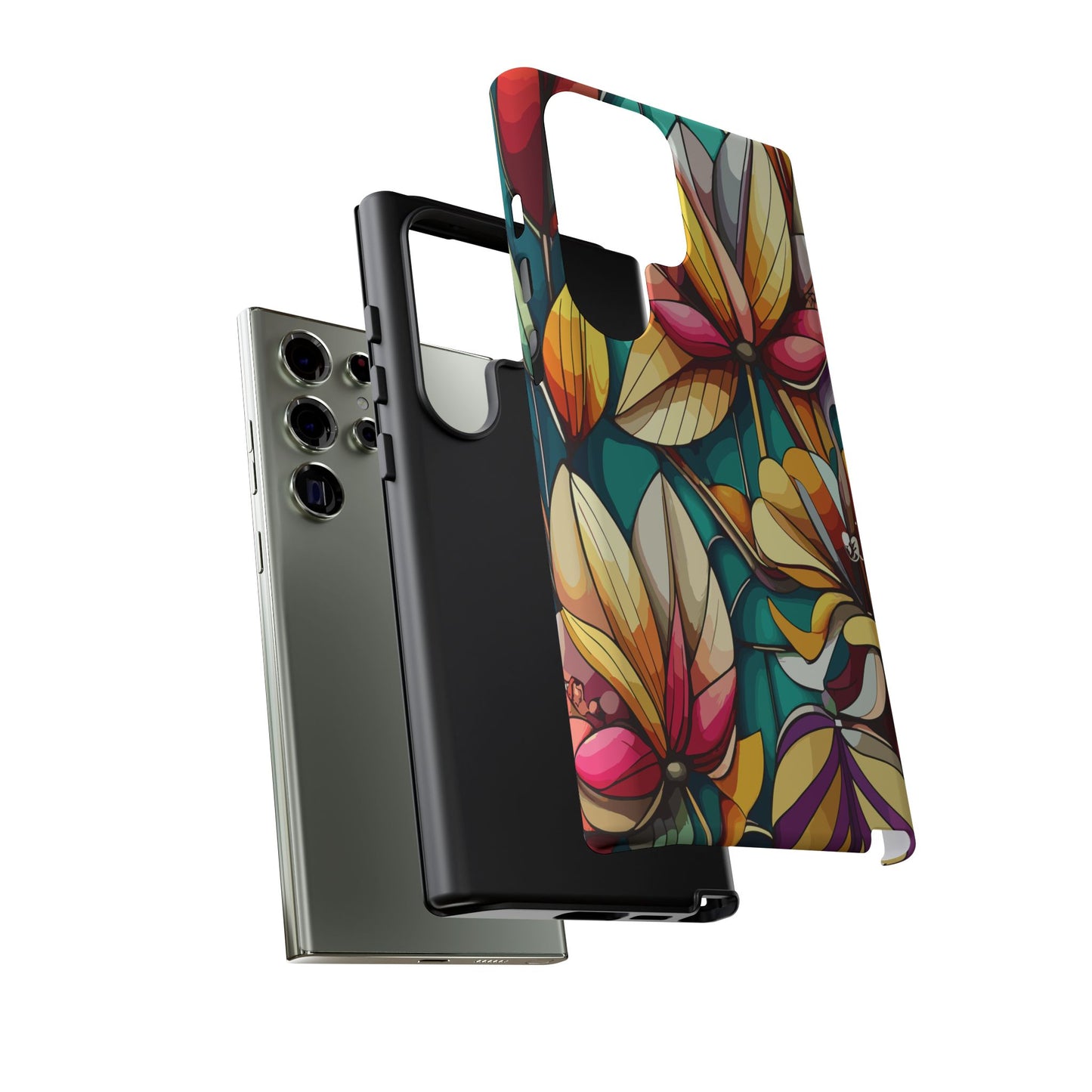 Phone Case, Stain Glass Flowers Design - Floral Tough Cover, Protective Smartphone Case, Cute Flower Pattern