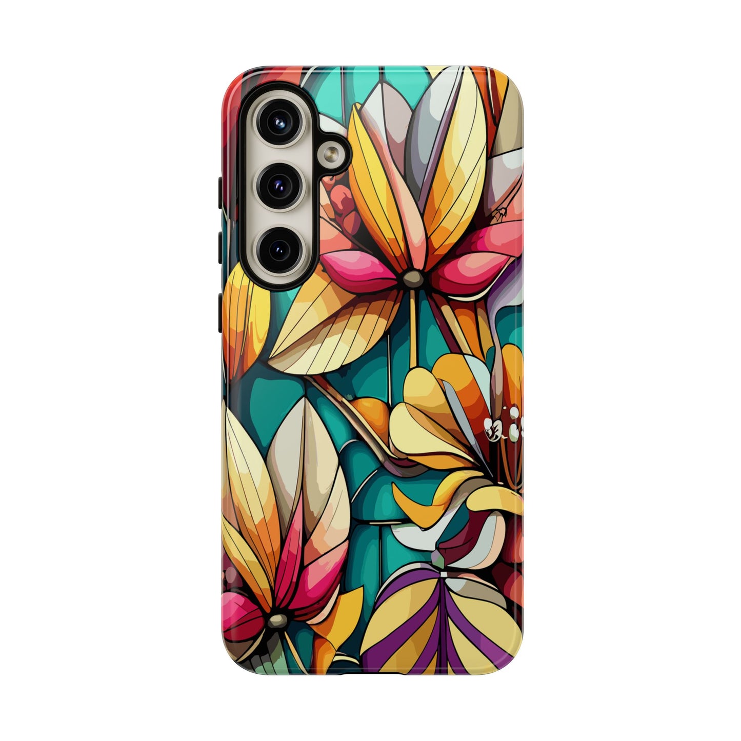 Phone Case, Stain Glass Flowers Design - Floral Tough Cover, Protective Smartphone Case, Cute Flower Pattern