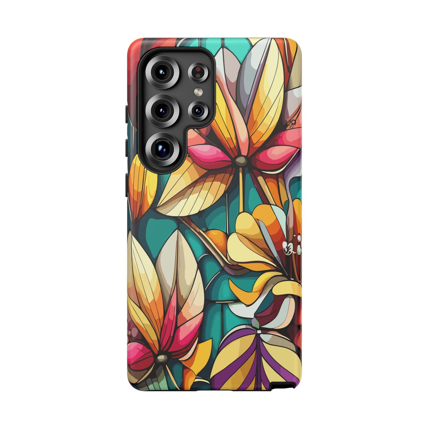 Phone Case, Stain Glass Flowers Design - Floral Tough Cover, Protective Smartphone Case, Cute Flower Pattern