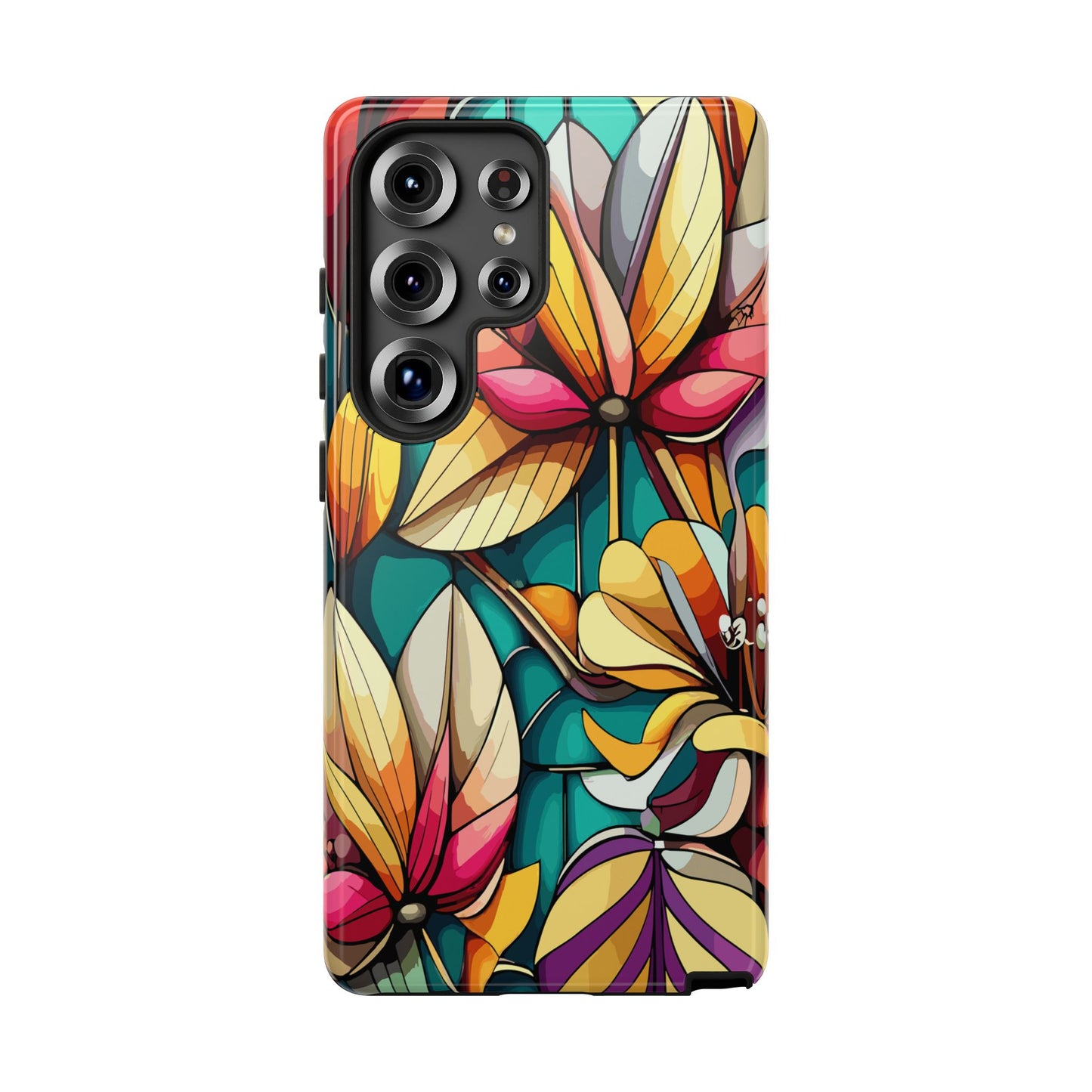 Phone Case, Stain Glass Flowers Design - Floral Tough Cover, Protective Smartphone Case, Cute Flower Pattern