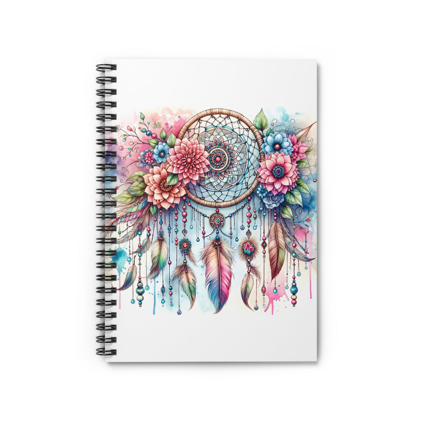 Dreamcatcher with Flowers Notebook, Ruled Line Journal, Writing Notebook, Floral Planner, Boho Stationery, Nature - Victory Thru Vision 