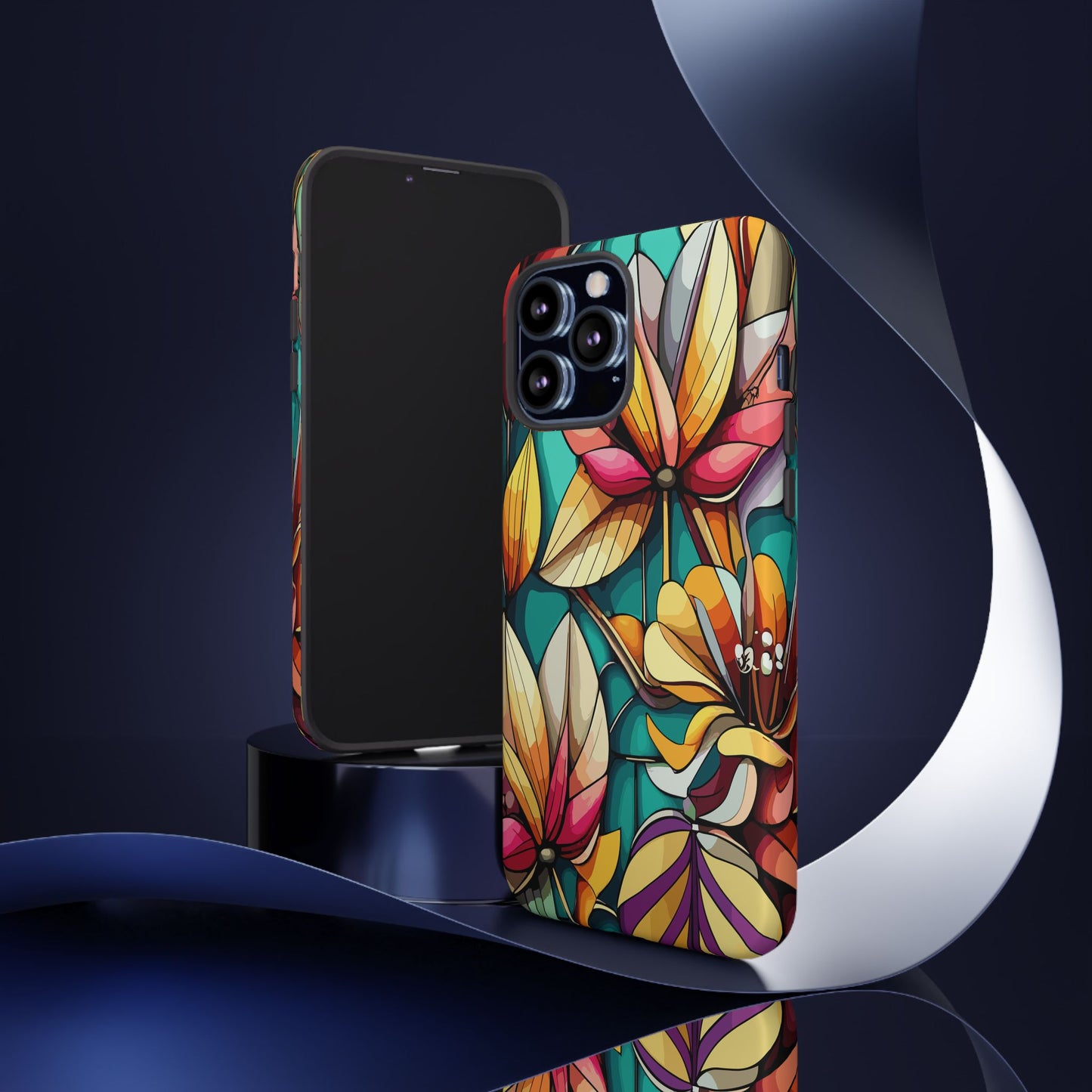 Phone Case, Stain Glass Flowers Design - Floral Tough Cover, Protective Smartphone Case, Cute Flower Pattern