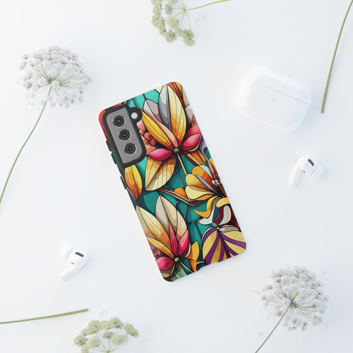 Phone Case, Stain Glass Flowers Design - Floral Tough Cover, Protective Smartphone Case, Cute Flower Pattern