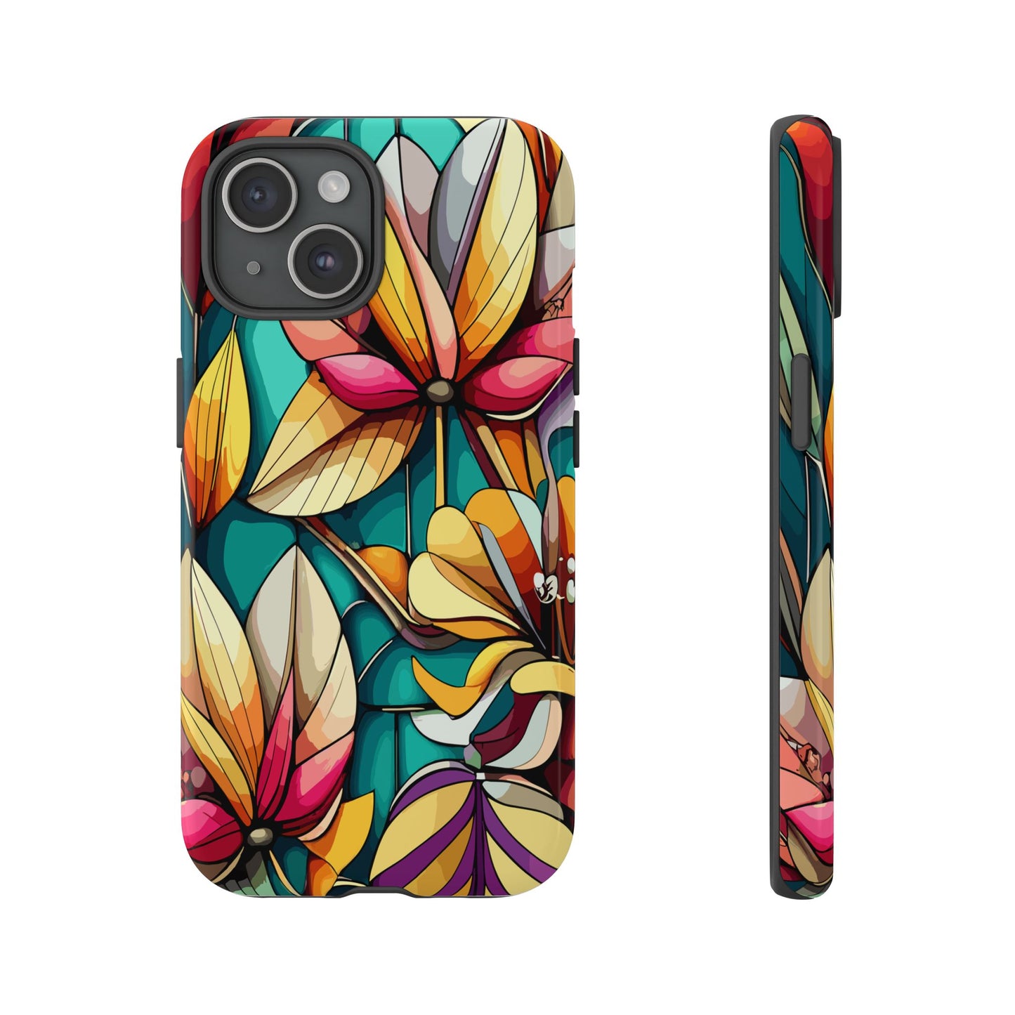 Phone Case, Stain Glass Flowers Design - Floral Tough Cover, Protective Smartphone Case, Cute Flower Pattern