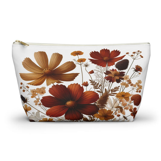 Accessory Pouch, Pressed Flowers Botanical Design, Floral Makeup Bag, Gift for Gardener, Vintage Style Zipper Pouch, - Victory Thru Vision 