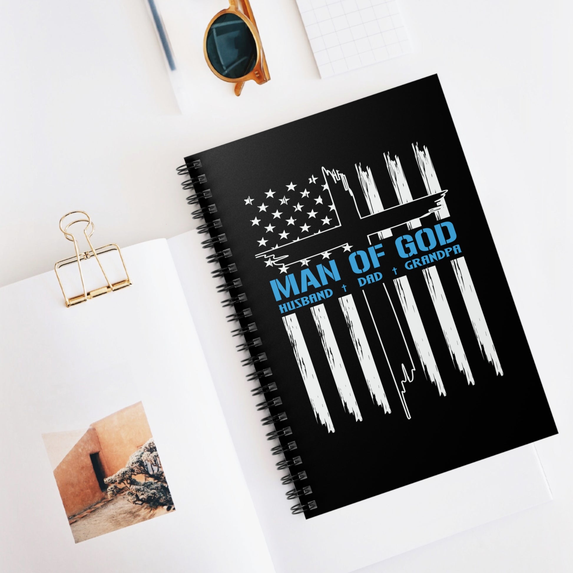 Religious Spiral Notebook, Patriotic Christian Journal Gift, Man Of God Cross American Flag, Ruled Line Notepad, Faith Stationery - Victory Thru Vision 
