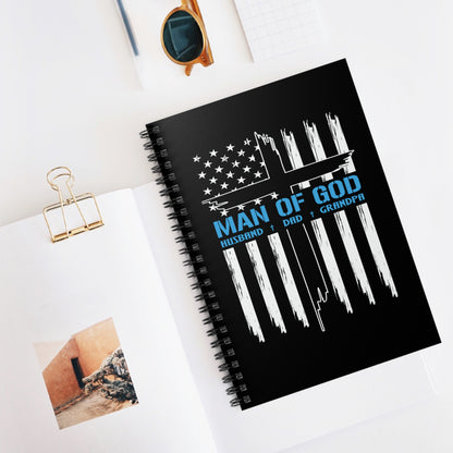 Religious Spiral Notebook, Patriotic Christian Journal Gift, Man Of God Cross American Flag, Ruled Line Notepad, Faith Stationery - Victory Thru Vision 