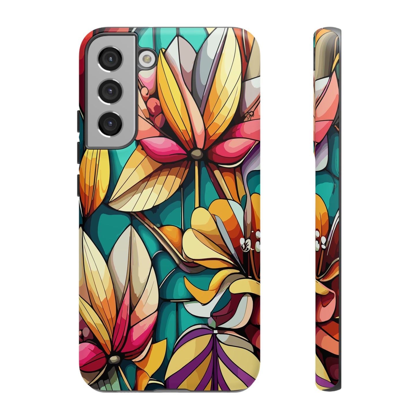 Phone Case, Stain Glass Flowers Design - Floral Tough Cover, Protective Smartphone Case, Cute Flower Pattern