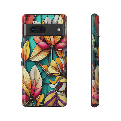 Phone Case, Stain Glass Flowers Design - Floral Tough Cover, Protective Smartphone Case, Cute Flower Pattern