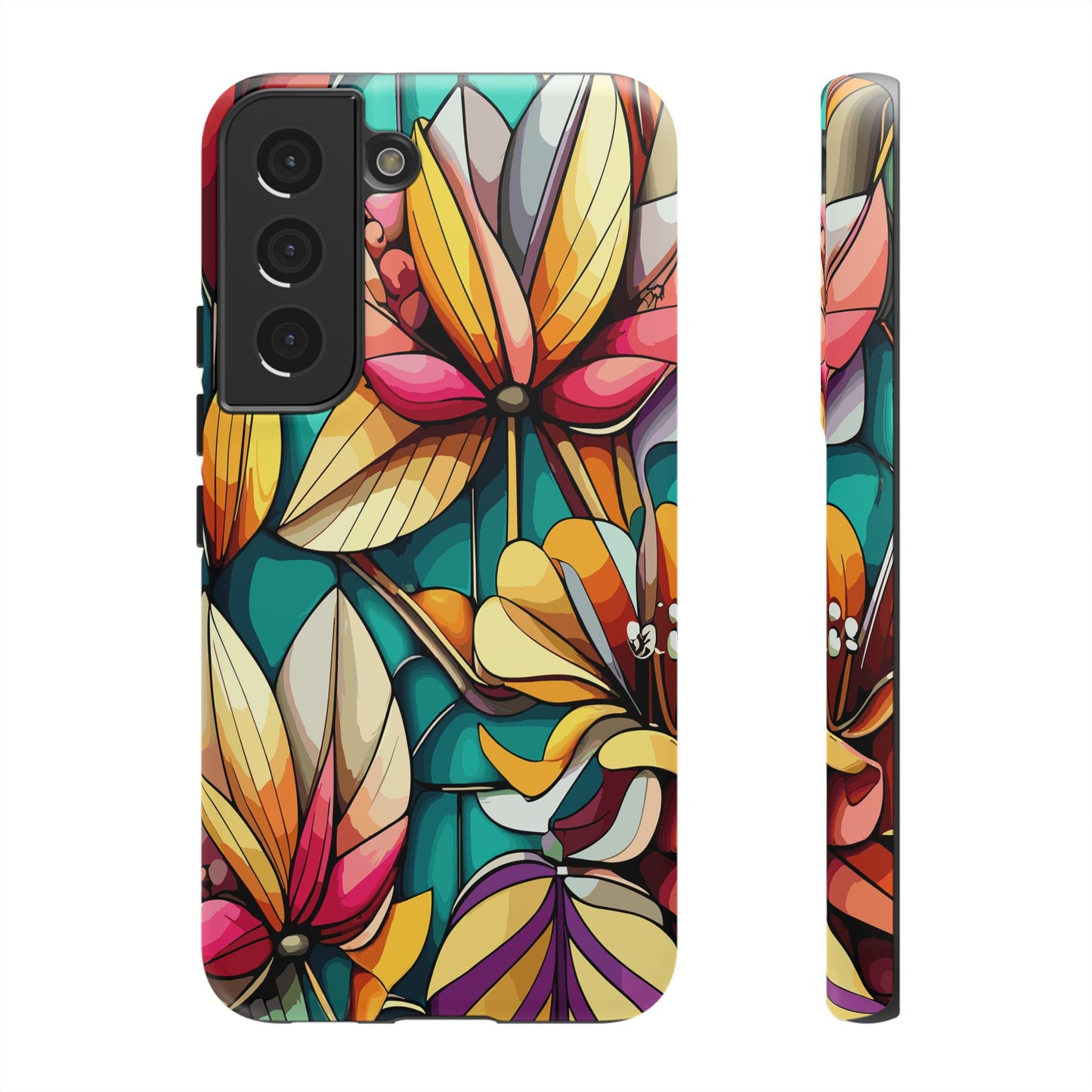 Phone Case, Stain Glass Flowers Design - Floral Tough Cover, Protective Smartphone Case, Cute Flower Pattern