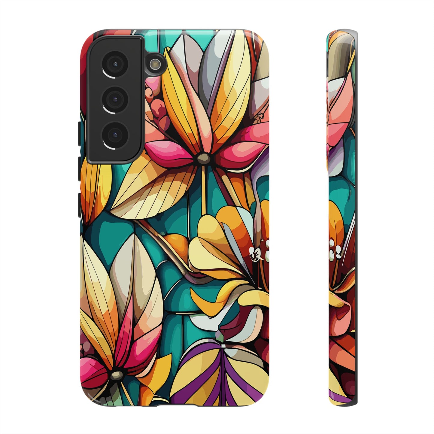 Phone Case, Stain Glass Flowers Design - Floral Tough Cover, Protective Smartphone Case, Cute Flower Pattern