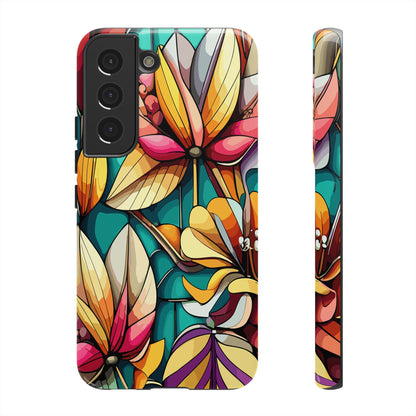 Phone Case, Stain Glass Flowers Design - Floral Tough Cover, Protective Smartphone Case, Cute Flower Pattern