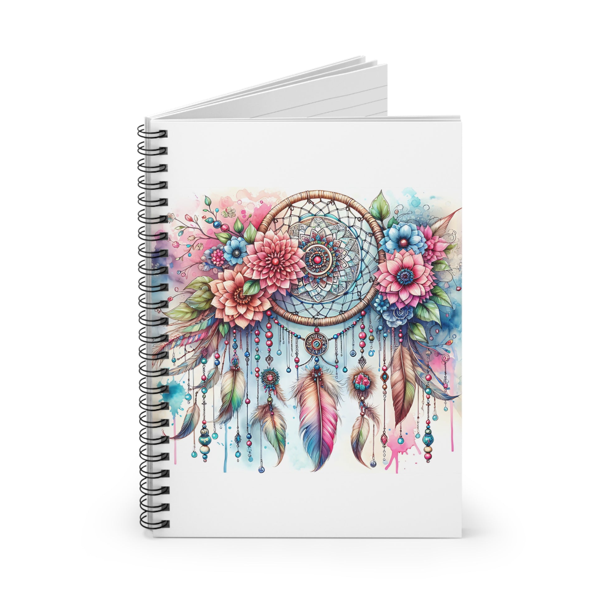 Dreamcatcher with Flowers Notebook, Ruled Line Journal, Writing Notebook, Floral Planner, Boho Stationery, Nature - Victory Thru Vision 