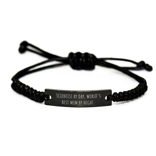 Scientist Gifts by Day, Rope Branded Wristbands by Night - Funny Quote, Adjustable Black Stainless Steel with Interlaced Rope, Gifts from Friends for Father's Day
