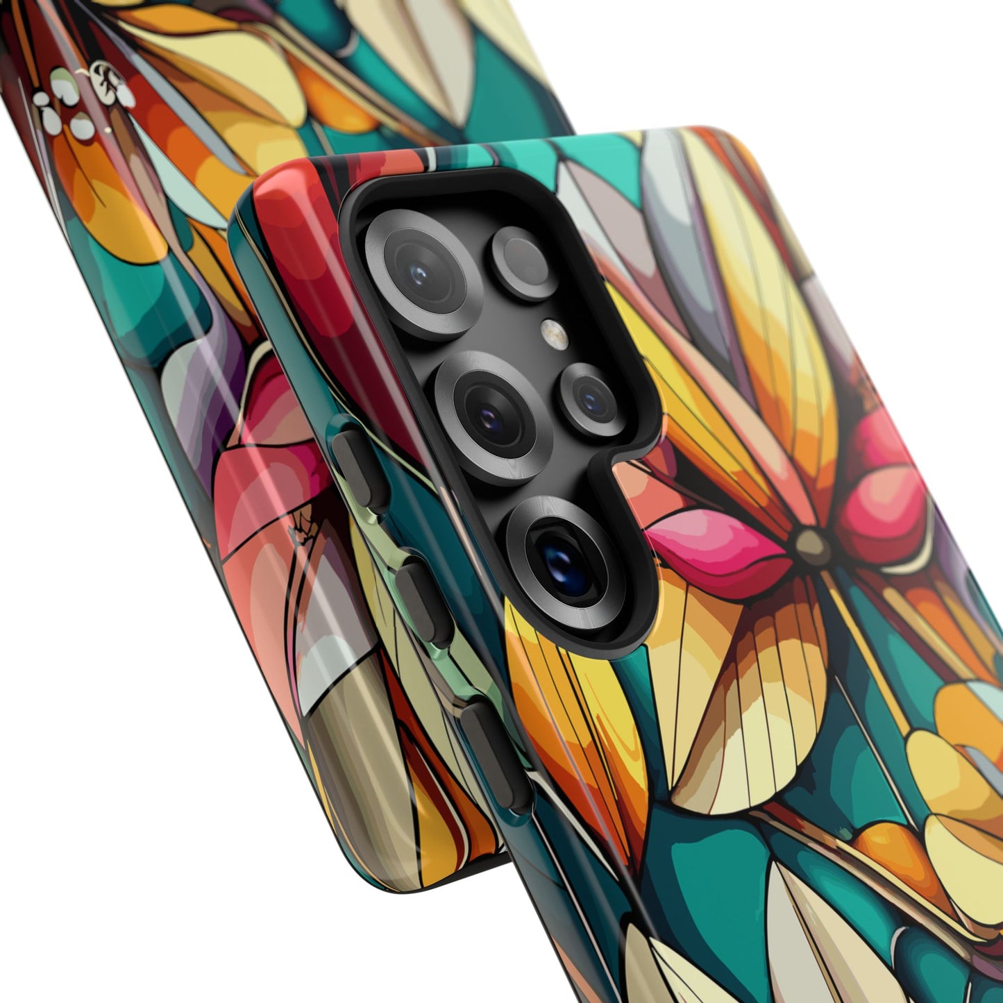 Phone Case, Stain Glass Flowers Design - Floral Tough Cover, Protective Smartphone Case, Cute Flower Pattern