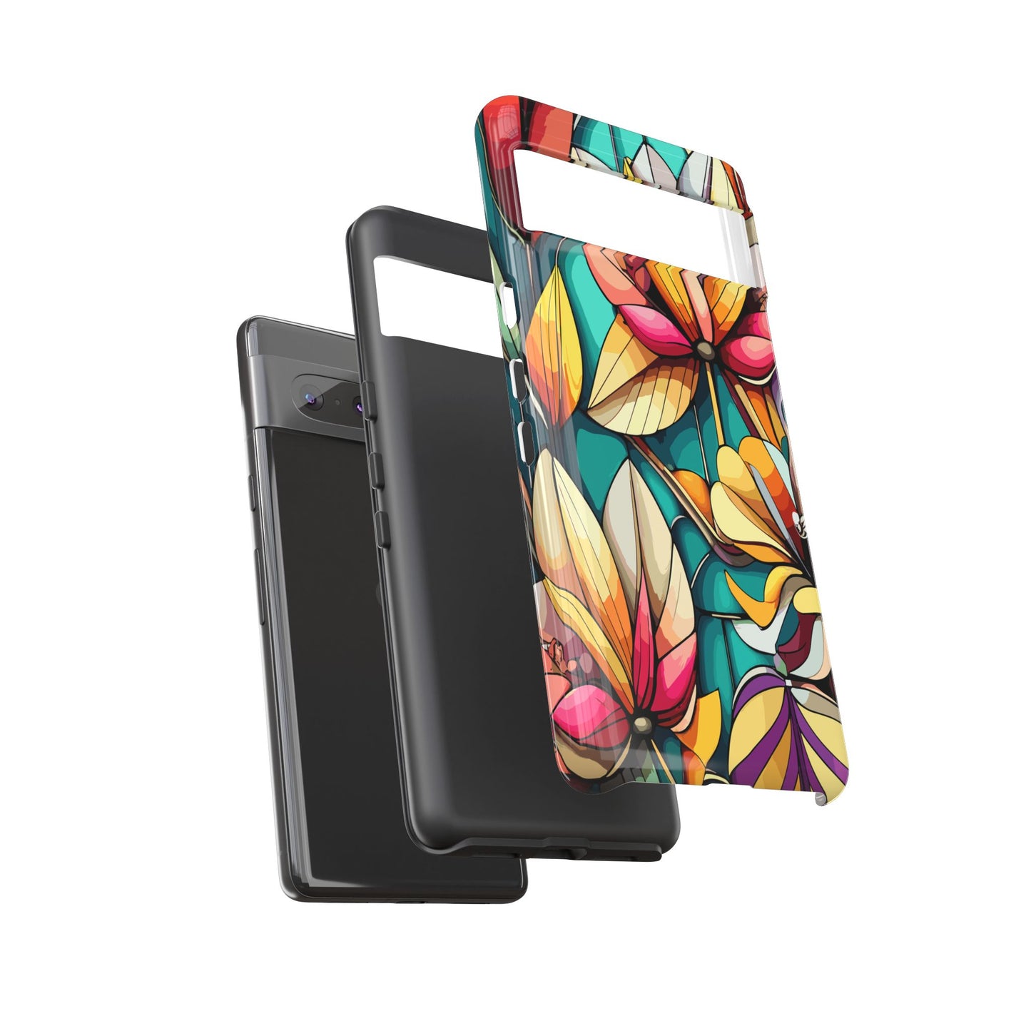 Phone Case, Stain Glass Flowers Design - Floral Tough Cover, Protective Smartphone Case, Cute Flower Pattern
