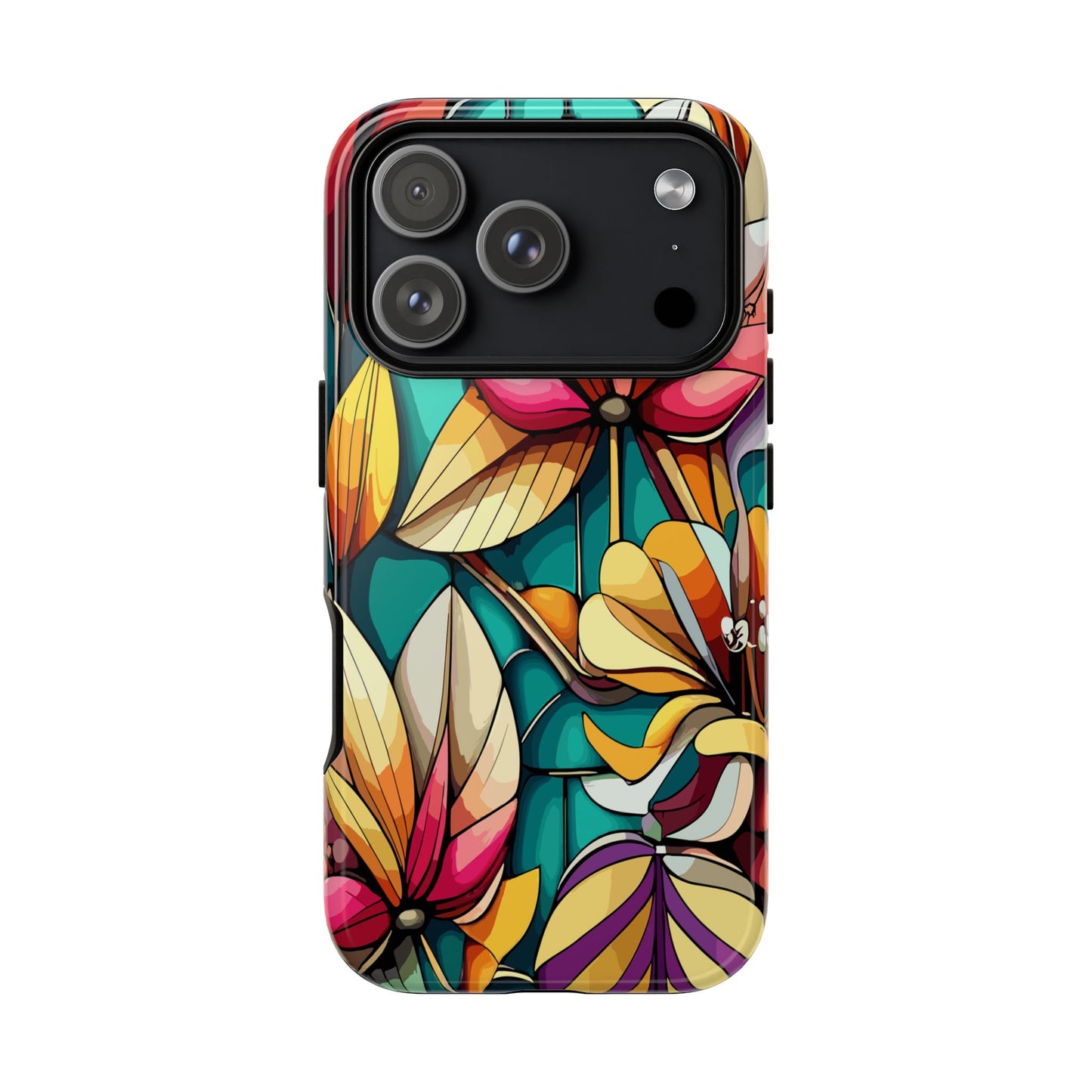 Phone Case, Stain Glass Flowers Design - Floral Tough Cover, Protective Smartphone Case, Cute Flower Pattern