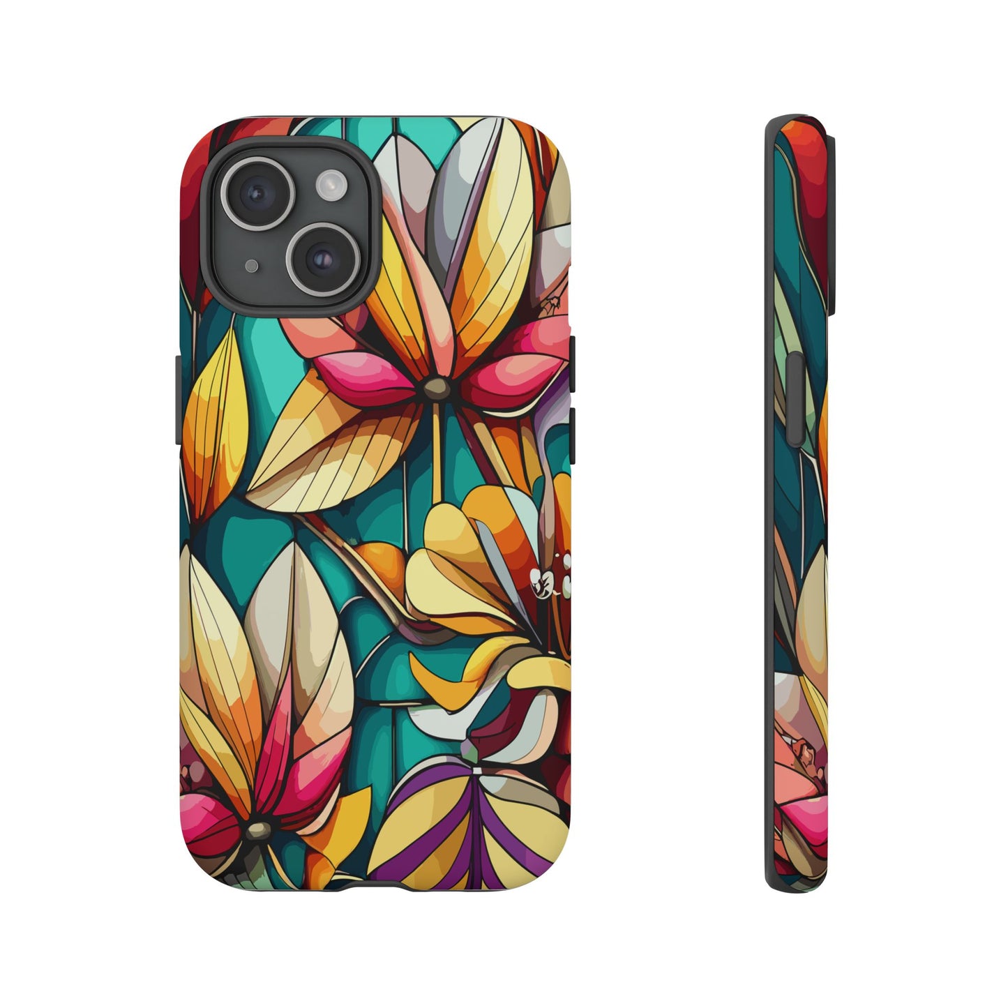 Phone Case, Stain Glass Flowers Design - Floral Tough Cover, Protective Smartphone Case, Cute Flower Pattern
