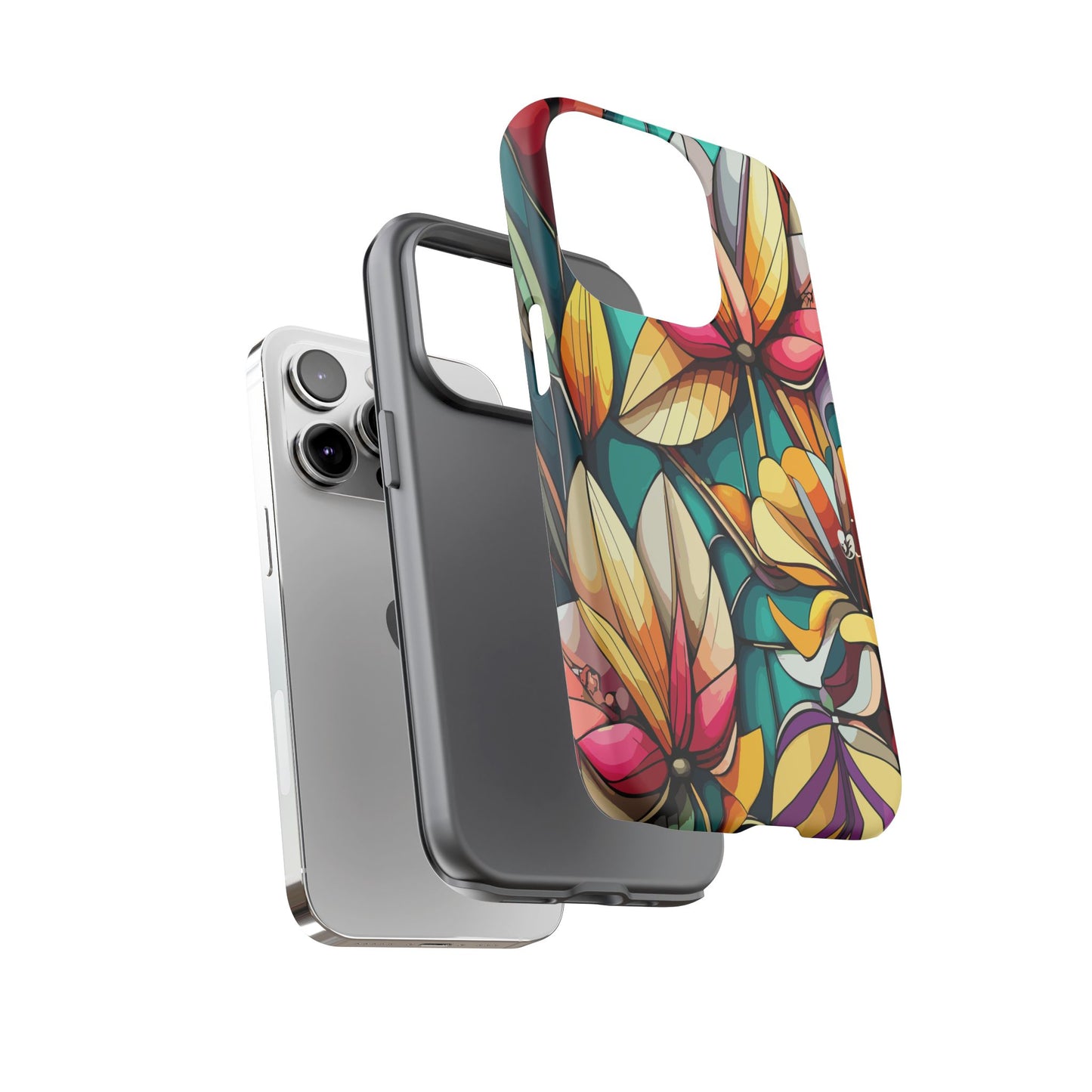 Phone Case, Stain Glass Flowers Design - Floral Tough Cover, Protective Smartphone Case, Cute Flower Pattern