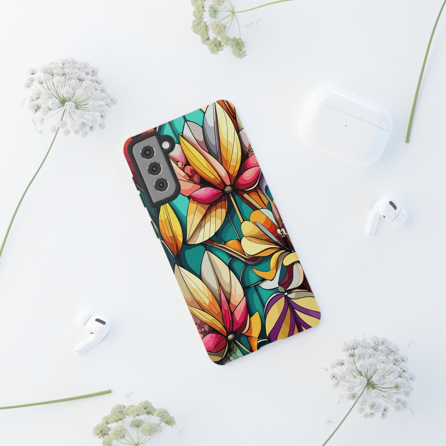 Phone Case, Stain Glass Flowers Design - Floral Tough Cover, Protective Smartphone Case, Cute Flower Pattern