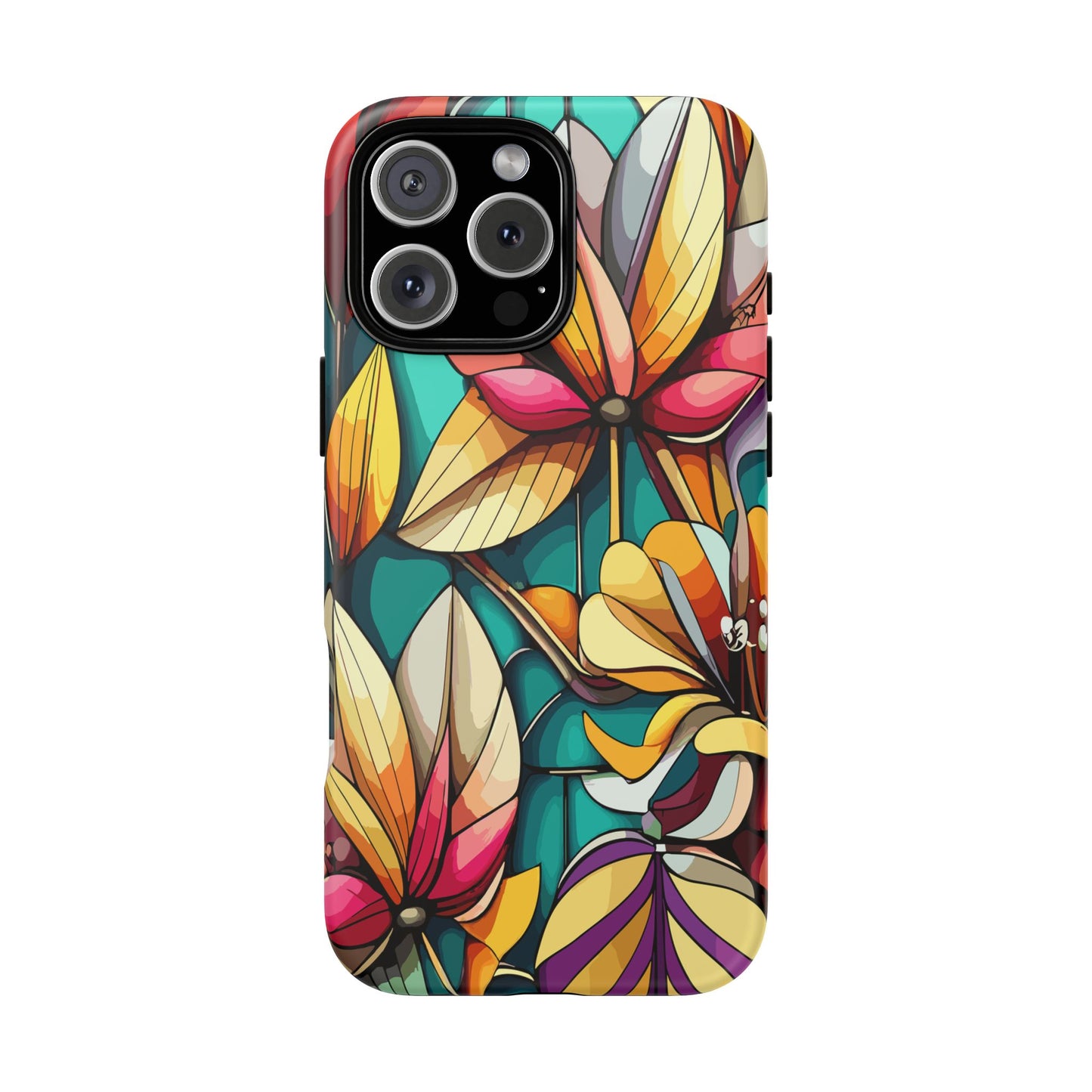 Phone Case, Stain Glass Flowers Design - Floral Tough Cover, Protective Smartphone Case, Cute Flower Pattern