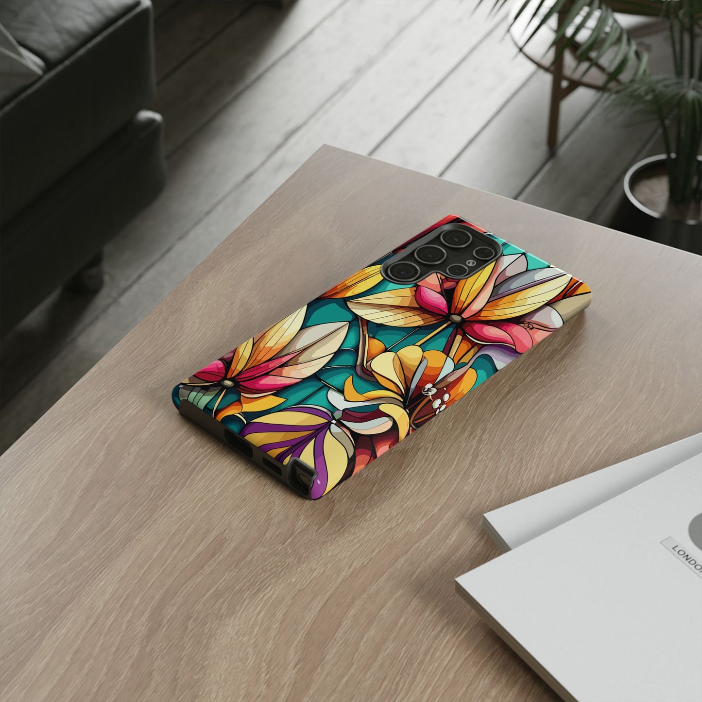 Phone Case, Stain Glass Flowers Design - Floral Tough Cover, Protective Smartphone Case, Cute Flower Pattern