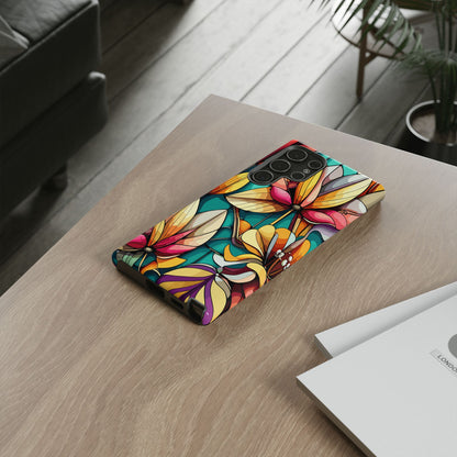 Phone Case, Stain Glass Flowers Design - Floral Tough Cover, Protective Smartphone Case, Cute Flower Pattern