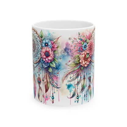 Dreamcatcher Ceramic Mug, Boho Floral Coffee Cup, Tea Mug, Native American Design, Kitchen Decor, Gift for Her