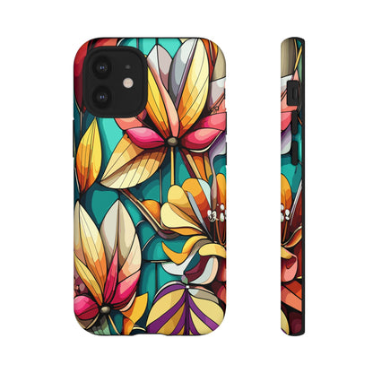Phone Case, Stain Glass Flowers Design - Floral Tough Cover, Protective Smartphone Case, Cute Flower Pattern