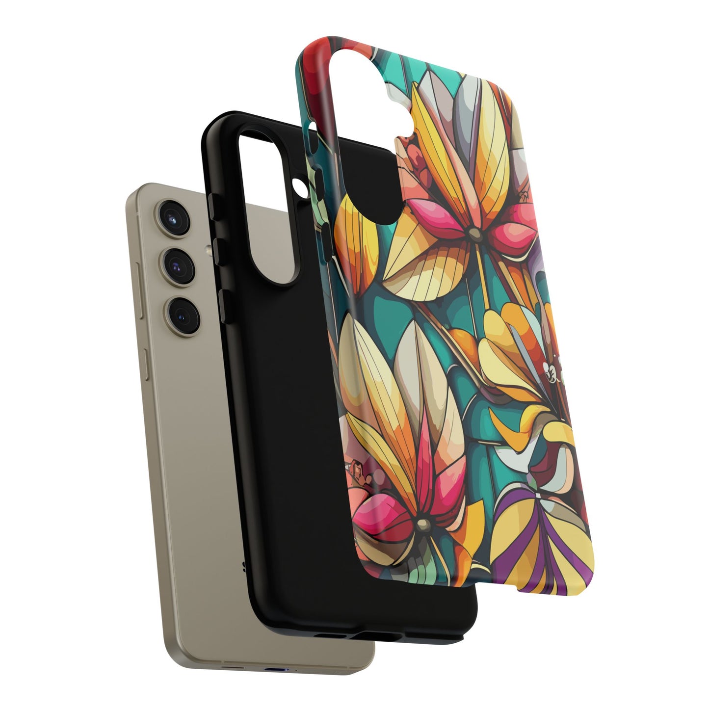 Phone Case, Stain Glass Flowers Design - Floral Tough Cover, Protective Smartphone Case, Cute Flower Pattern