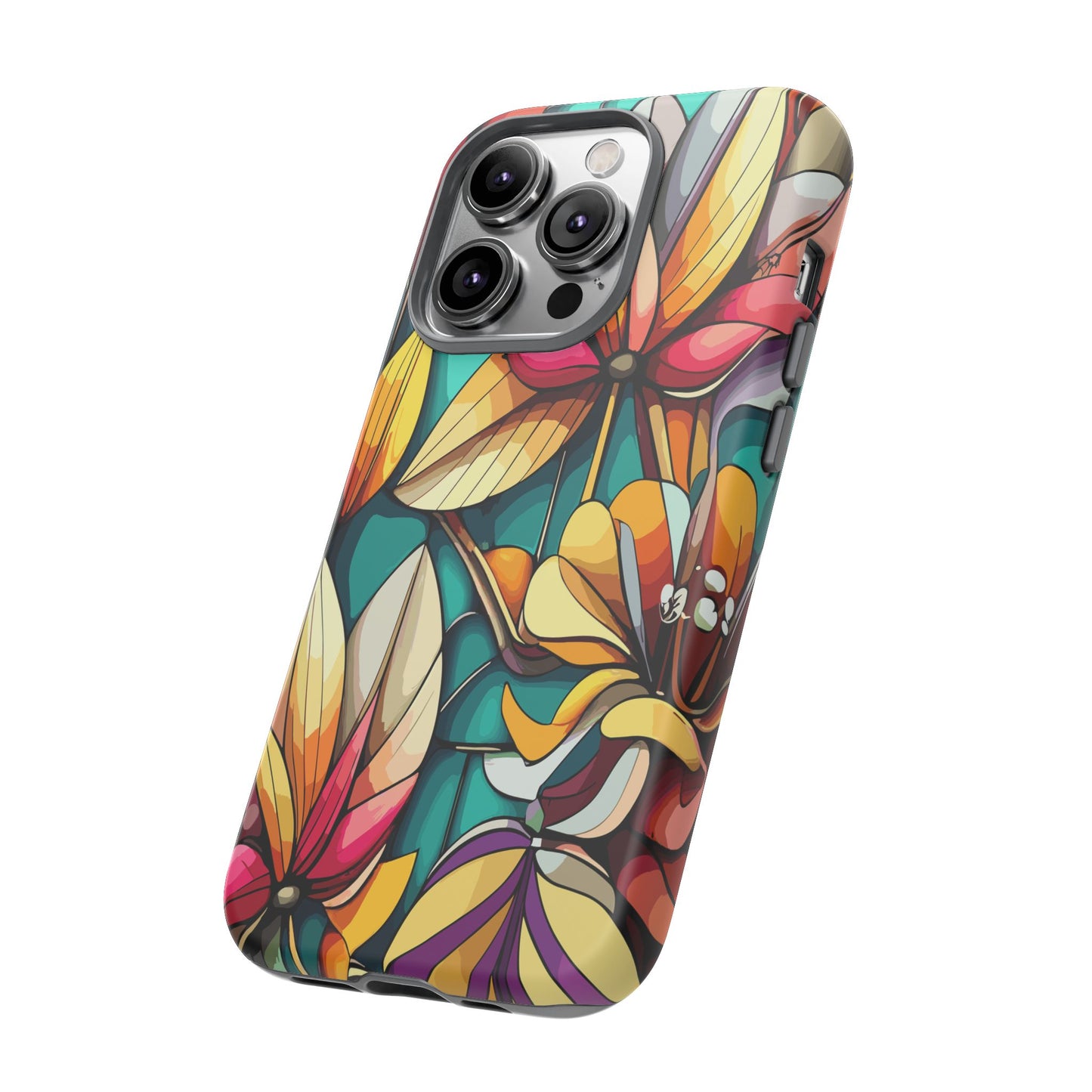 Phone Case, Stain Glass Flowers Design - Floral Tough Cover, Protective Smartphone Case, Cute Flower Pattern