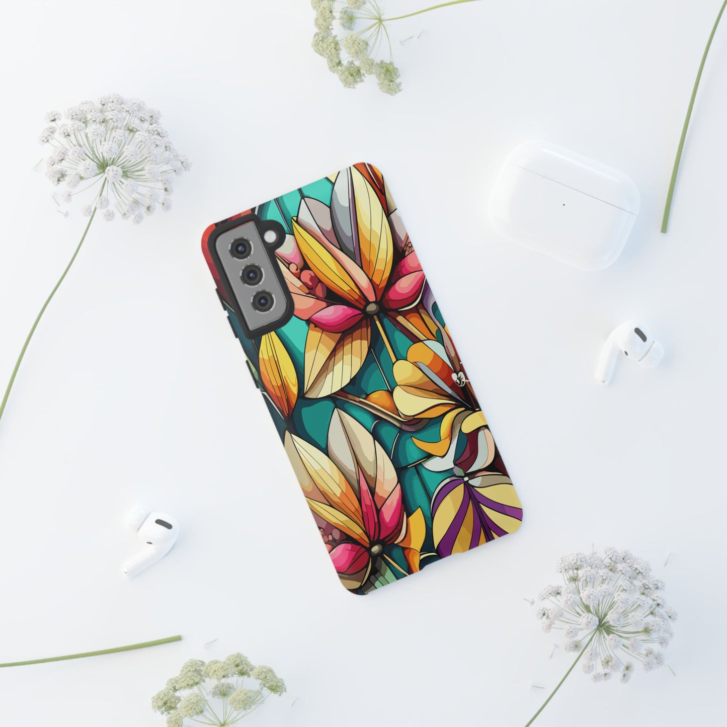 Phone Case, Stain Glass Flowers Design - Floral Tough Cover, Protective Smartphone Case, Cute Flower Pattern