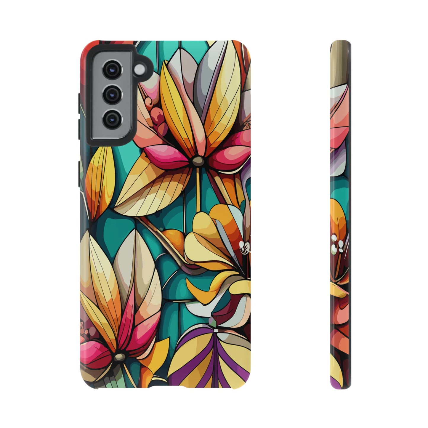 Phone Case, Stain Glass Flowers Design - Floral Tough Cover, Protective Smartphone Case, Cute Flower Pattern