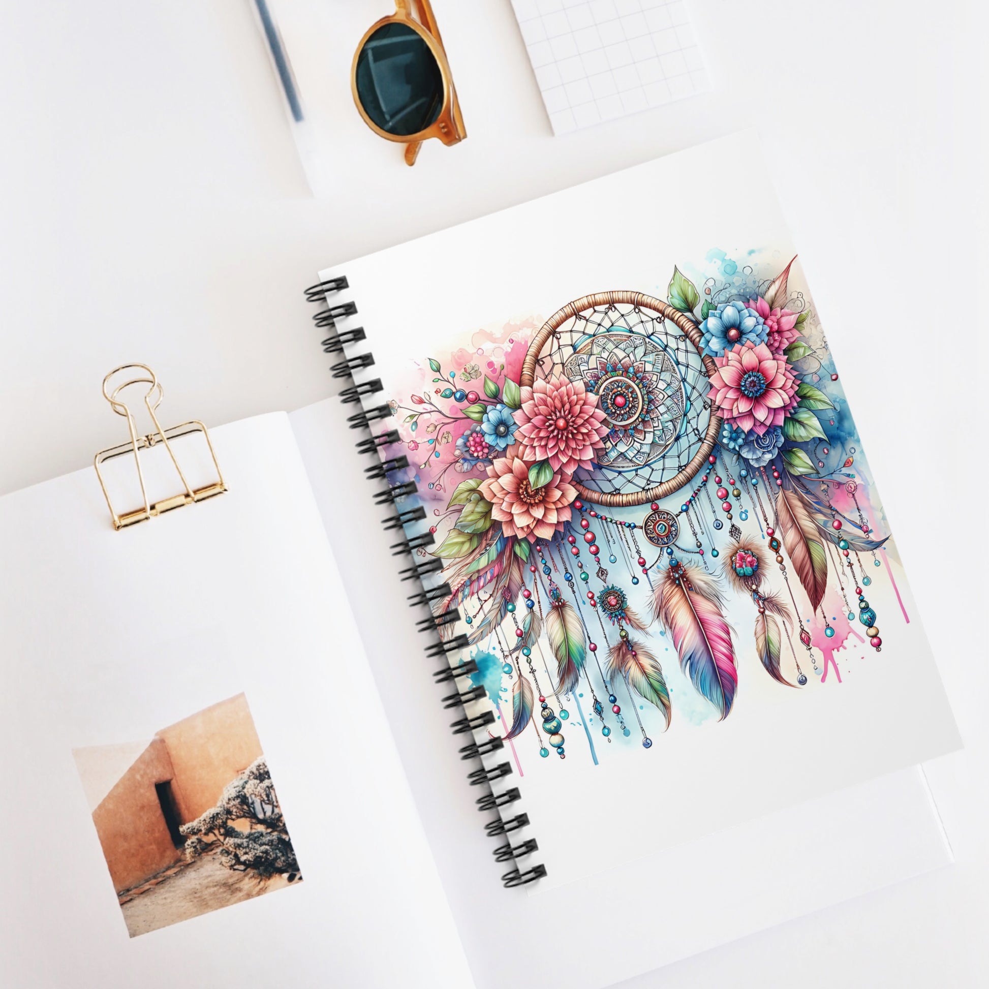 Dreamcatcher with Flowers Notebook, Ruled Line Journal, Writing Notebook, Floral Planner, Boho Stationery, Nature - Victory Thru Vision 