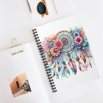 Dreamcatcher with Flowers Notebook, Ruled Line Journal, Writing Notebook, Floral Planner, Boho Stationery, Nature - Victory Thru Vision 