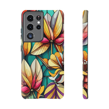Phone Case, Stain Glass Flowers Design - Floral Tough Cover, Protective Smartphone Case, Cute Flower Pattern